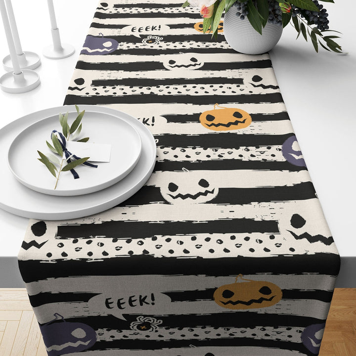 Halloween Table Runner|Purple Witch Hat Print Tabletop|Halloween Treat Tablecloth|Candy and Cute Pumpkin Table Decor|Scary Kitchen Decor