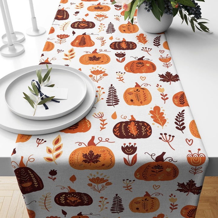 Fall Trend Table Runner|Floral Pumpkin Tablecloth|Pumpkin and Leaf Drawing Table Decor|Farmhouse Style Tabletop|Housewarming Fall Home Decor