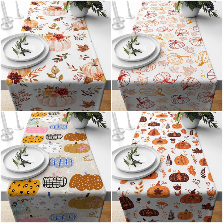 Fall Trend Table Runner|Floral Pumpkin Tablecloth|Pumpkin and Leaf Drawing Table Decor|Farmhouse Style Tabletop|Housewarming Fall Home Decor