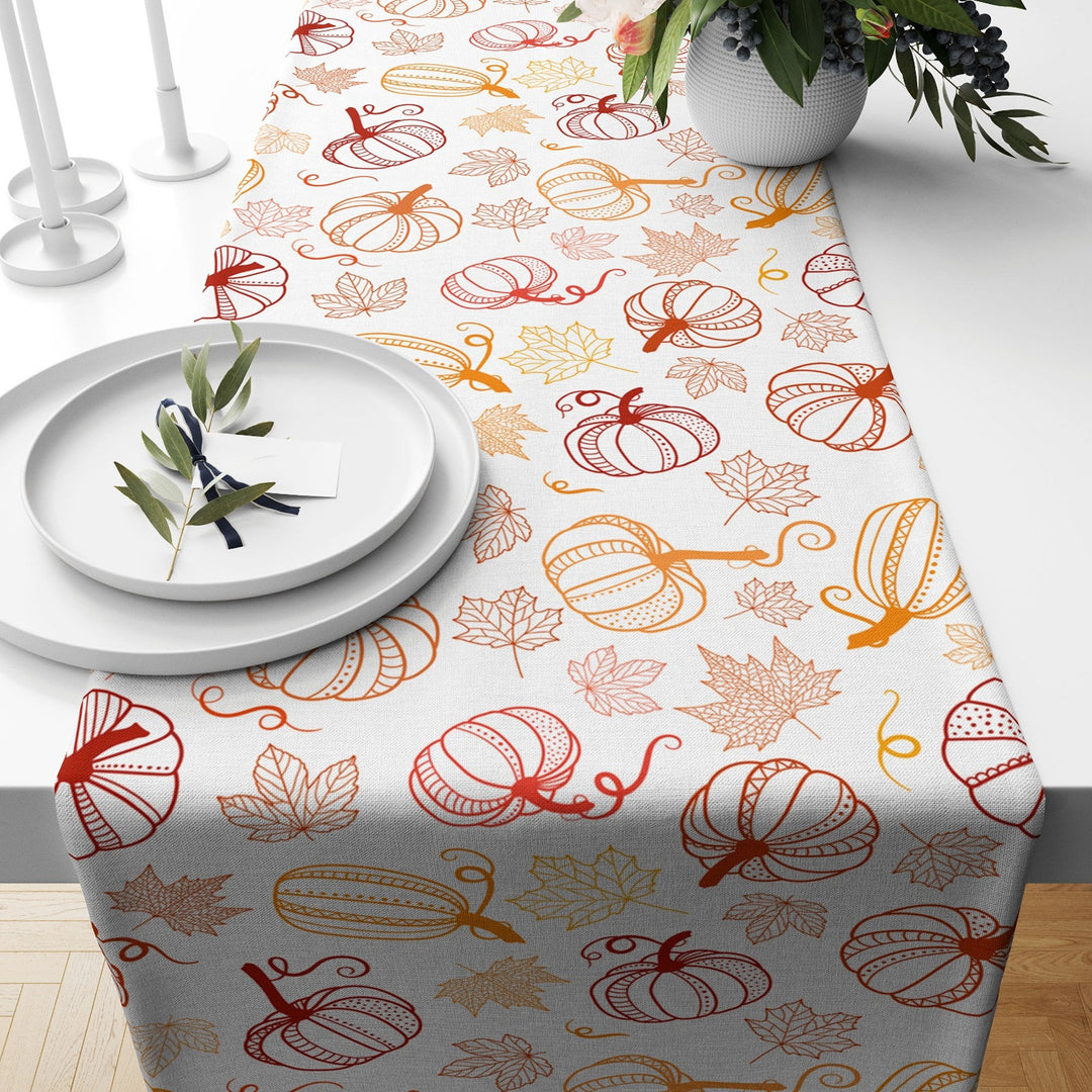 Fall Trend Table Runner|Floral Pumpkin Tablecloth|Pumpkin and Leaf Drawing Table Decor|Farmhouse Style Tabletop|Housewarming Fall Home Decor