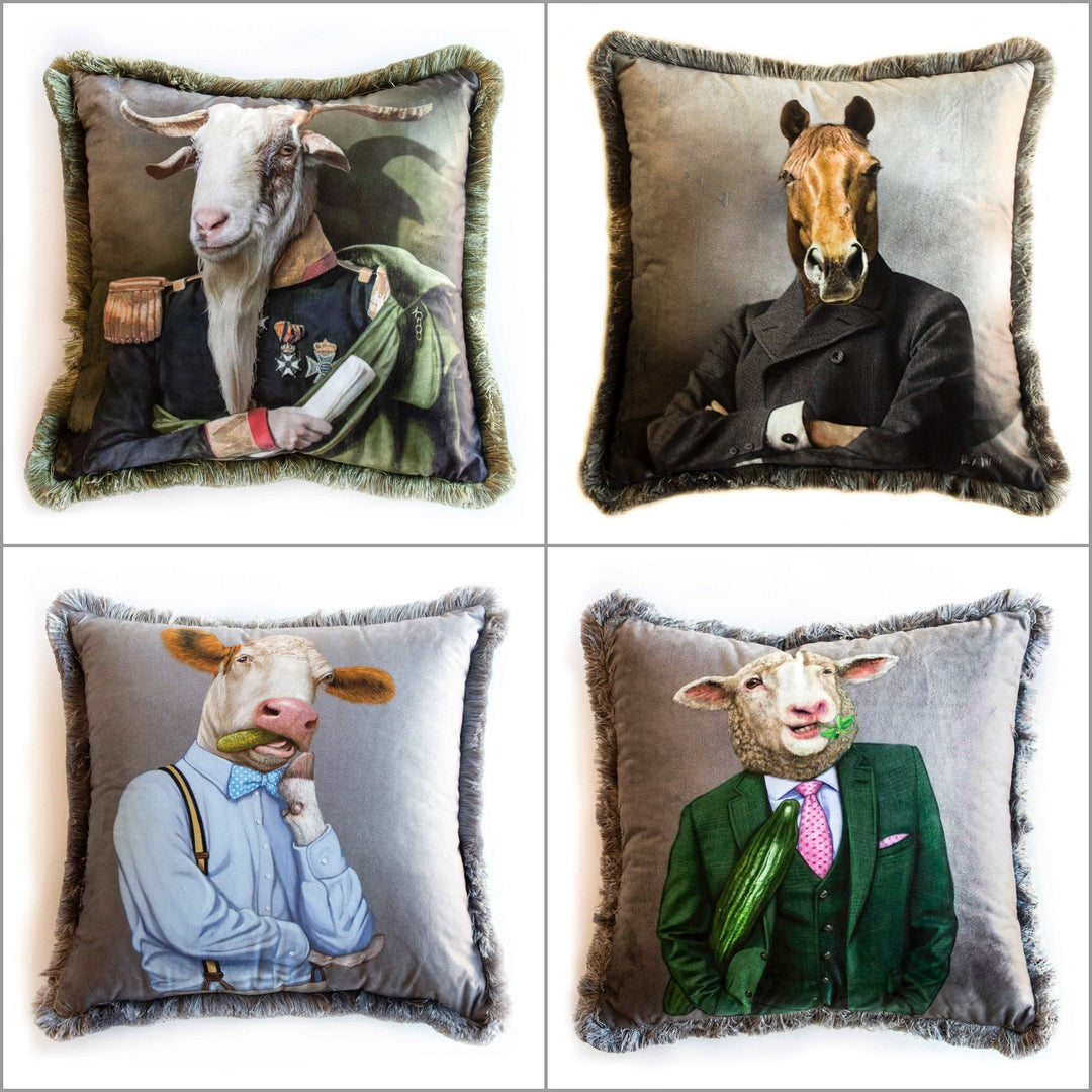 Royal Animal Pillow Cover|Frilly Goat, Horse Cushion Case|Pet Costume Pillowcase|Cow and Sheep Throw Pillow Cover|Animal Portrait Cushion