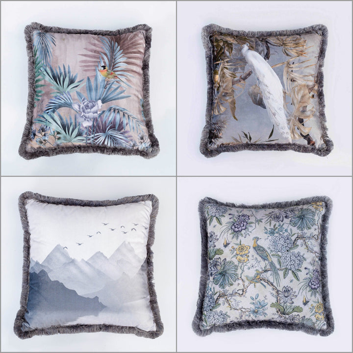 Floral Bird Pillow Cover|Frilly Floral White Peacock Cushion Case|Birds over Mountains Pillowcase|Summer Trend Throw Pillow|Cozy Home Decor