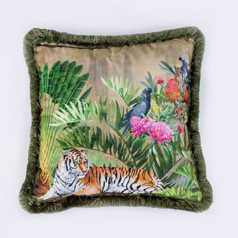 Tropical Pillow Cover|Frilly Jungle Cushion Case|Parrots in Forest Pillowcase|Green Leaves Cushion Cover|Tiger Print Throw Pillow Cover