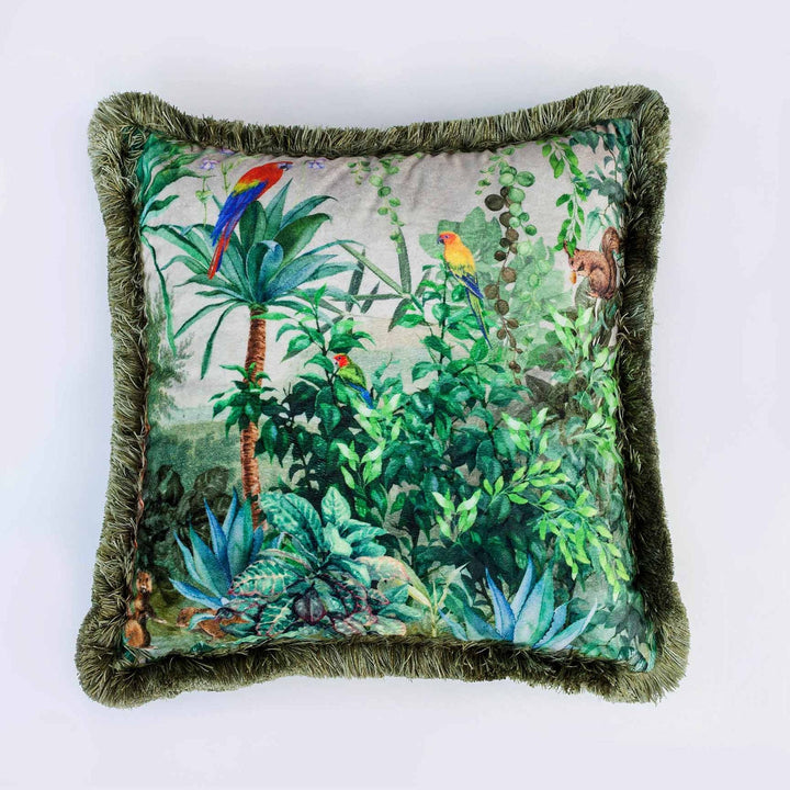 Tropical Pillow Cover|Frilly Jungle Cushion Case|Parrots in Forest Pillowcase|Green Leaves Cushion Cover|Tiger Print Throw Pillow Cover