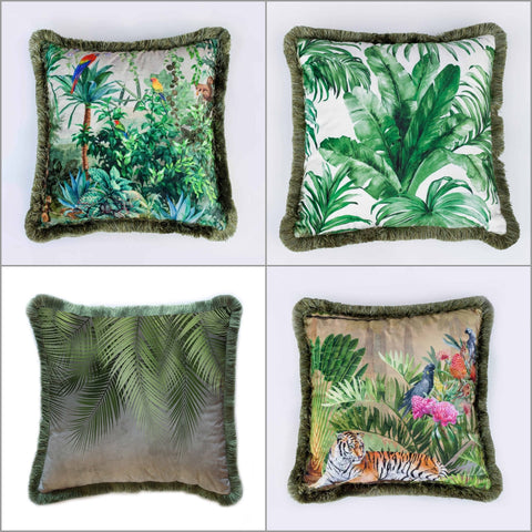 Tropical Pillow Cover|Frilly Jungle Cushion Case|Parrots in Forest Pillowcase|Green Leaves Cushion Cover|Tiger Print Throw Pillow Cover