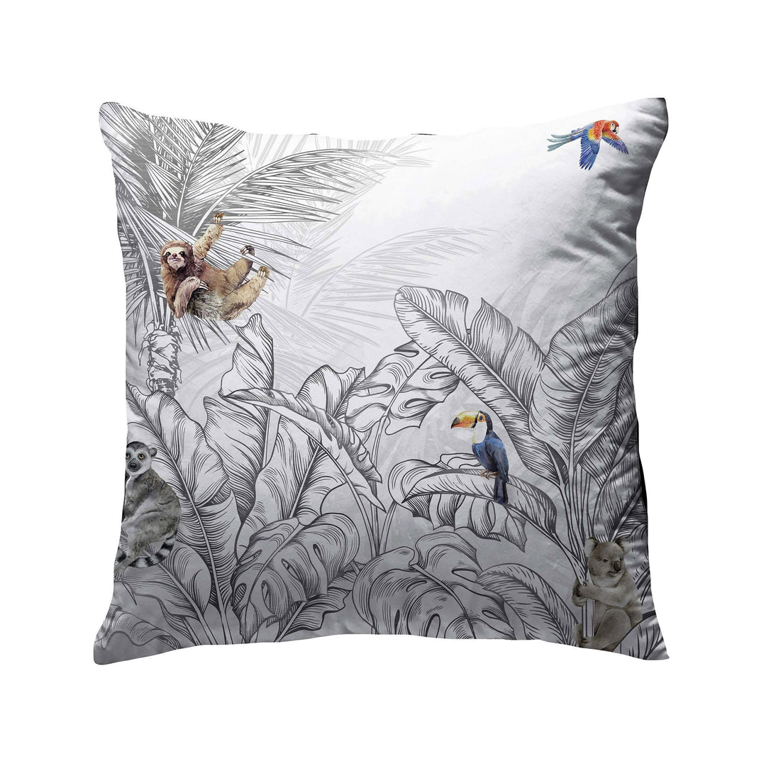 Gray Tropical Pillow Cover|Frilly Palm Tree Cushion Case|Animals in Forest Pillowcase|Elephant Cushion Cover|Toucan Print Throw Pillow Cover