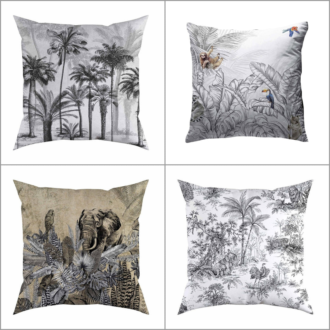 Gray Tropical Pillow Cover|Frilly Palm Tree Cushion Case|Animals in Forest Pillowcase|Elephant Cushion Cover|Toucan Print Throw Pillow Cover