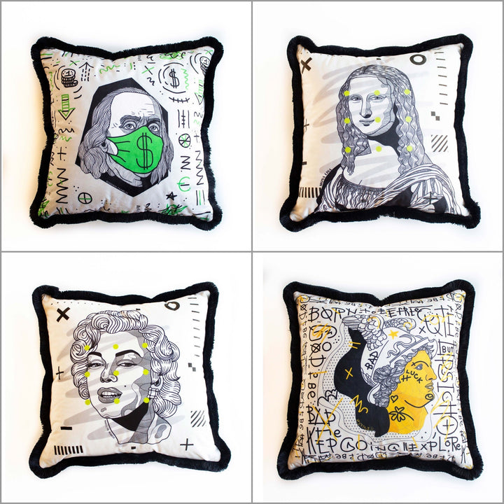 Portrait Pillow Cover|Frilly Marilyn Monroe Cushion Case|Benjamin Franklin with Mask Pillow Top|Decorative Mona Lisa Print Throw Pillow Case