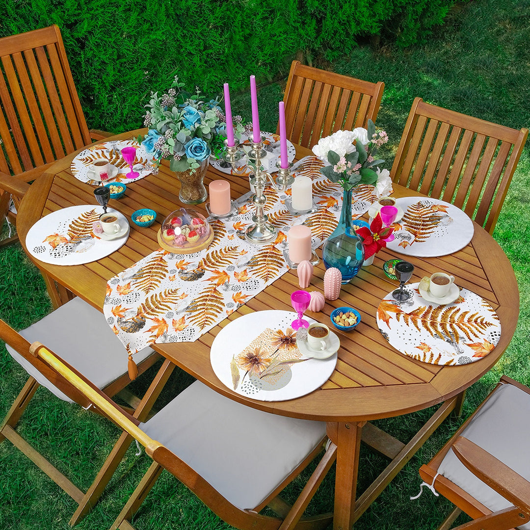 Fall Runner & Placemat Set|Fall Trend Table Decor|Set of 6 Supla Table Mat|Orange Autumn Leaf Print Tabletop and American Service Underplate