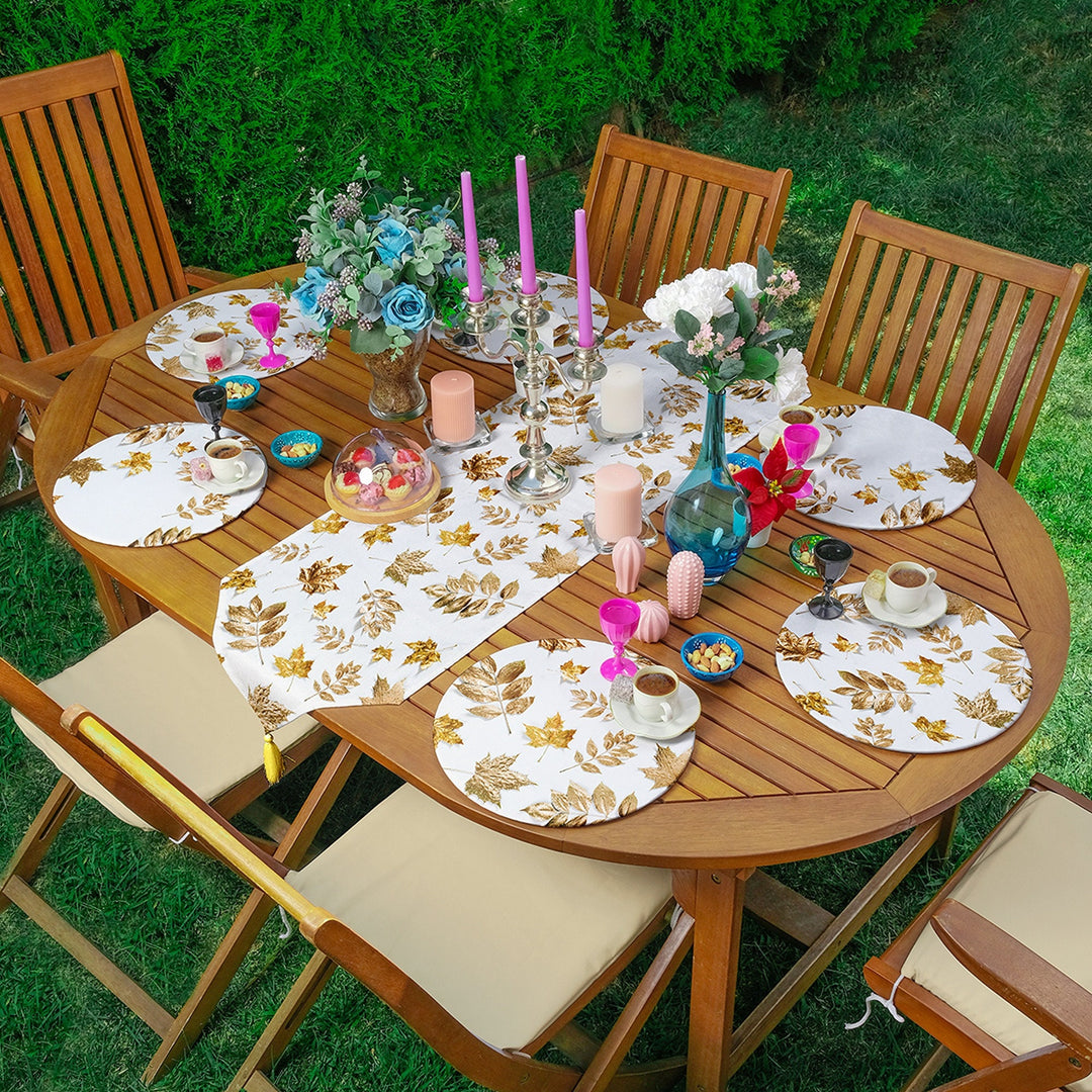 Dry Leaves Runner & Placemat Set|Fall Trend Table Decor|Set of 6 Supla Table Mat|Gold Leaves Autumn Tabletop and American Service Underplate