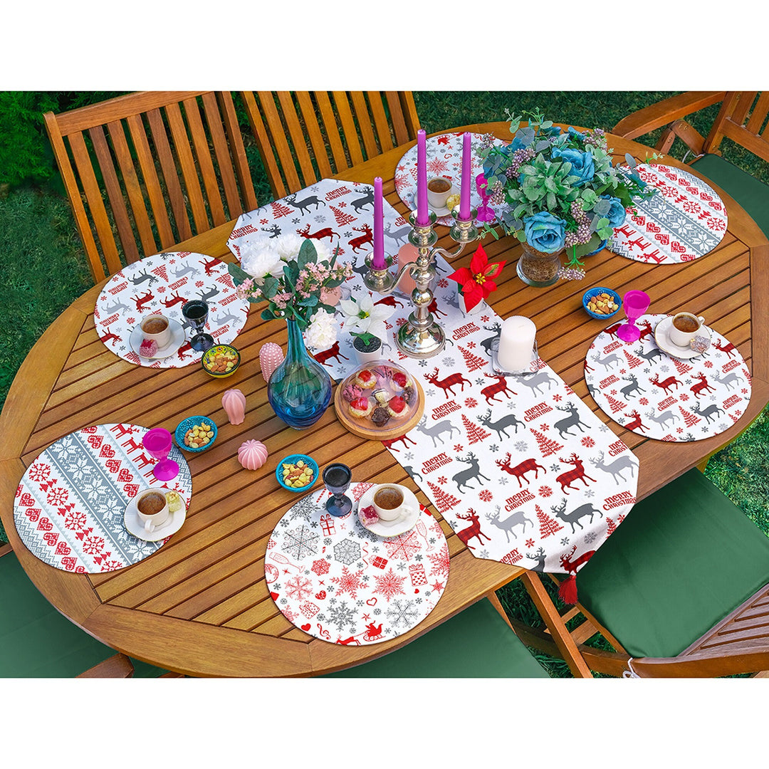 Christmas Runner & Placemat Set|Winter Trend Table Decor|Set of 6 Supla Table Mat|Merry Xmas Deer Tablecloth and American Service Underplate