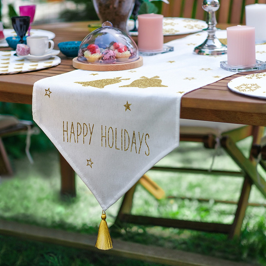 Christmas Runner & Placemat Set|Happy Holidays Table Decor|Set of 6 Supla Table Mat|Snowflake Bell Tablecloth American Service Underplate