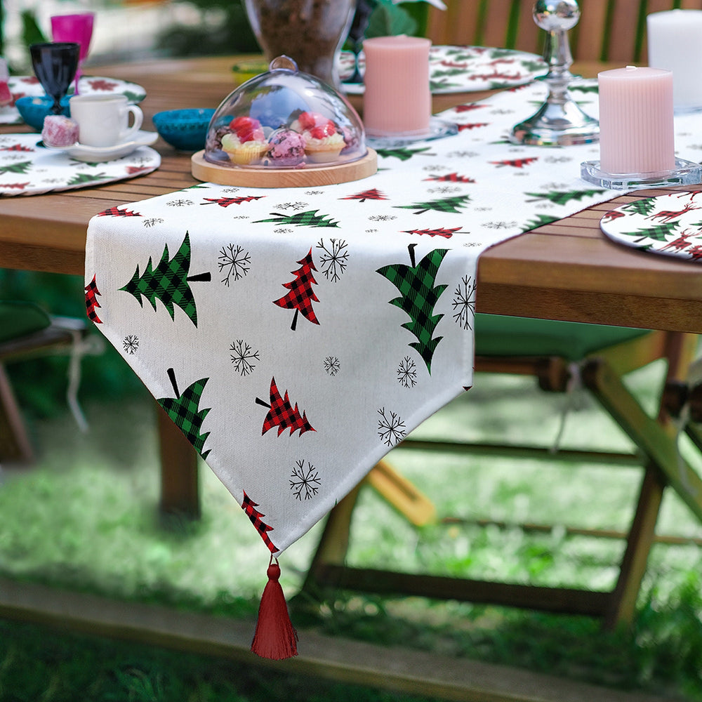 Christmas Runner & Placemat Set|Winter Trend Table Decor|Set of 6 Supla Table Mat|Checkered Xmas Deer Tablecloth American Service Underplate