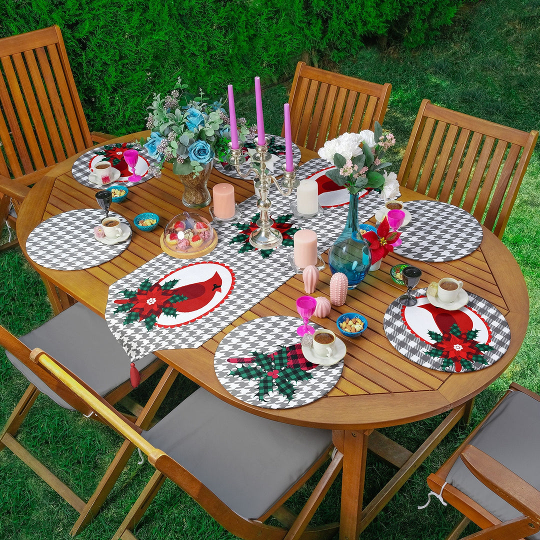 Winter Trend Runner & Placemat Set|Cardinal Bird Table Decor|Set of 6 Supla Table Mat|Poinsettia Tablecloth and American Service Underplate