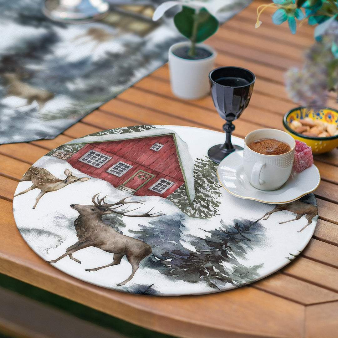 Winter Trend Runner & Placemat Set|Snow Table Decor|Set of 6 Supla Table Mat|Farmhouse Pine Tree Deer Tablecloth American Service Underplate