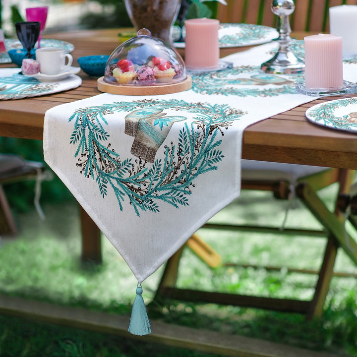 Winter Trend Runner & Placemat Set|Turquoise Table Decor|Set of 6 Supla Table Mat|Squirrel and Gloves Tablecloth American Service Underplate