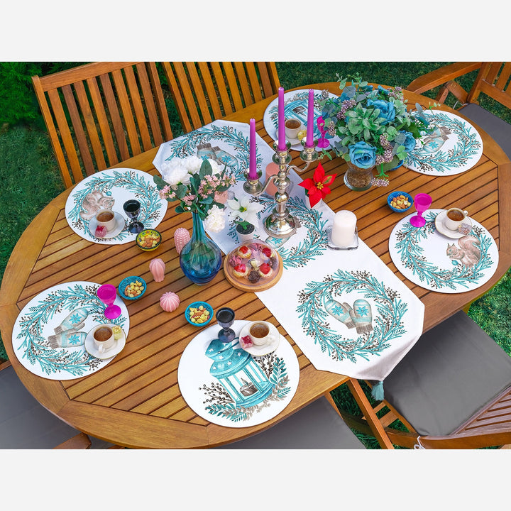 Winter Trend Runner & Placemat Set|Turquoise Table Decor|Set of 6 Supla Table Mat|Squirrel and Gloves Tablecloth American Service Underplate