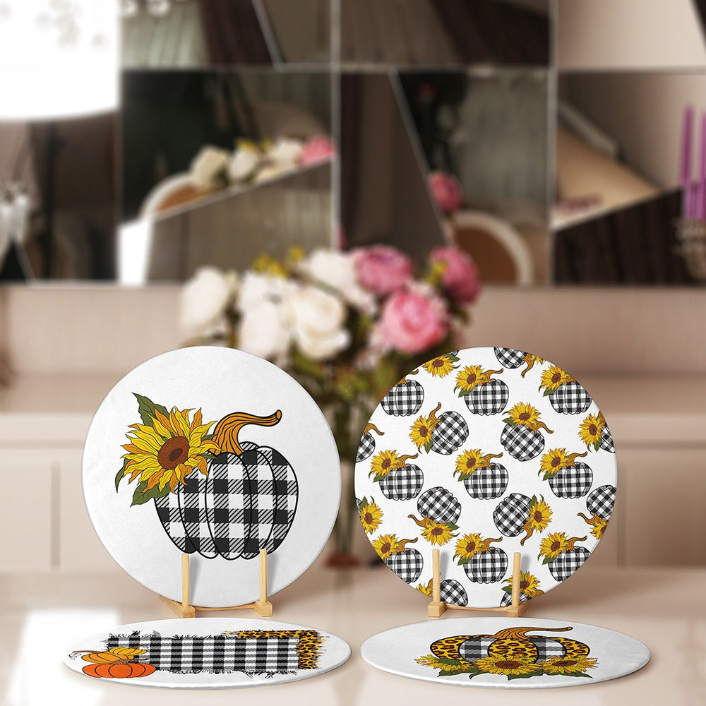 Fall Trend Placemat|Set of 4 Autumn Supla Table Mat|Farmhouse Checkered Pumpkin Round Dining Underplate|Housewarming Sunflower Coaster Set