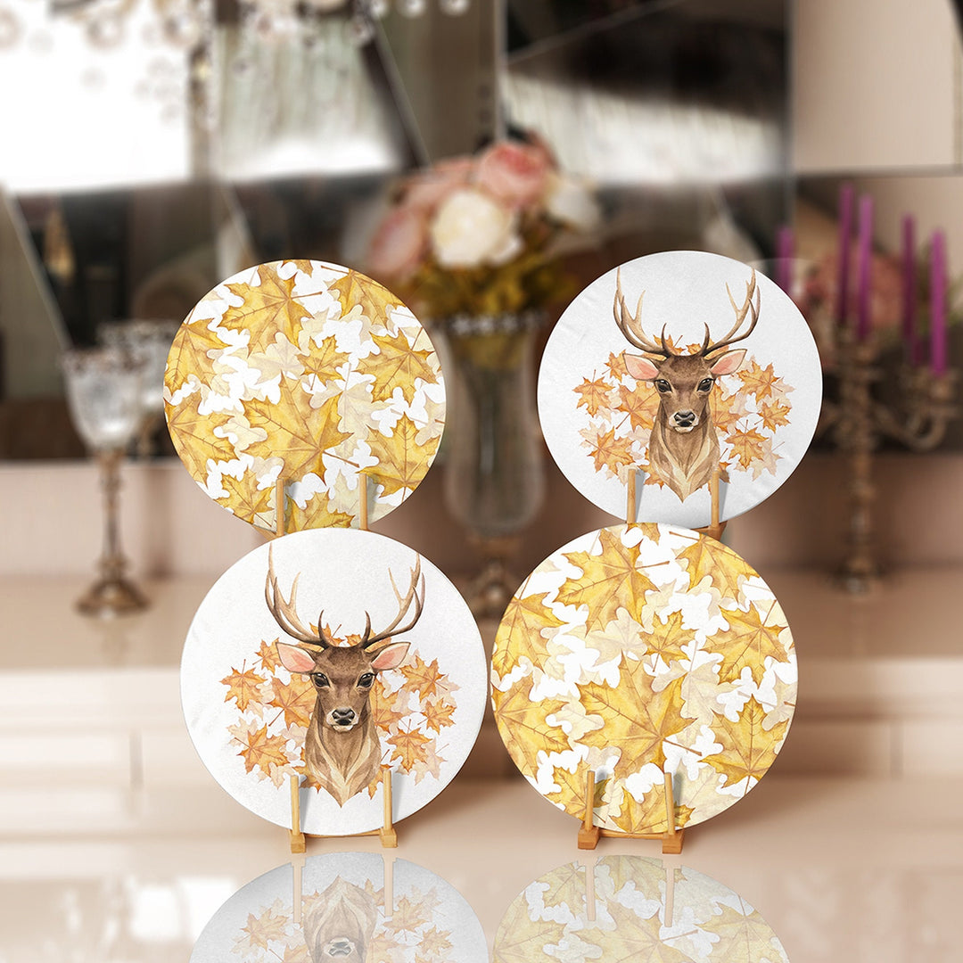 Fall Trend Placemat Set|Farmhouse Autumn Leaves Round Dining Underplate|Leaf and Deer Housewarming Coaster|Set of 4 Autumn Supla Table Mat