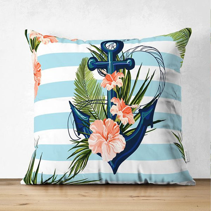 Nautical Pillow Cover|Summer Trend Anchor Print Cushion Case|Striped Floral Anchor Life Saver Throw Pillowtop|Decorative Beach House Cushion