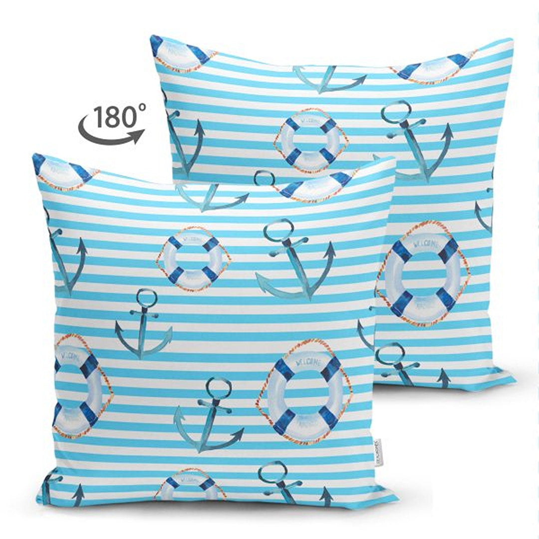 Nautical Pillow Cover|Summer Trend Anchor Print Cushion Case|Striped Floral Anchor Life Saver Throw Pillowtop|Decorative Beach House Cushion