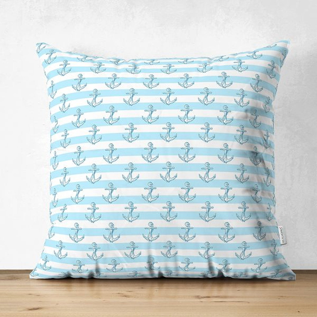 Nautical Pillow Cover|Summer Trend Anchor Print Cushion Case|Striped Floral Anchor Life Saver Throw Pillowtop|Decorative Beach House Cushion