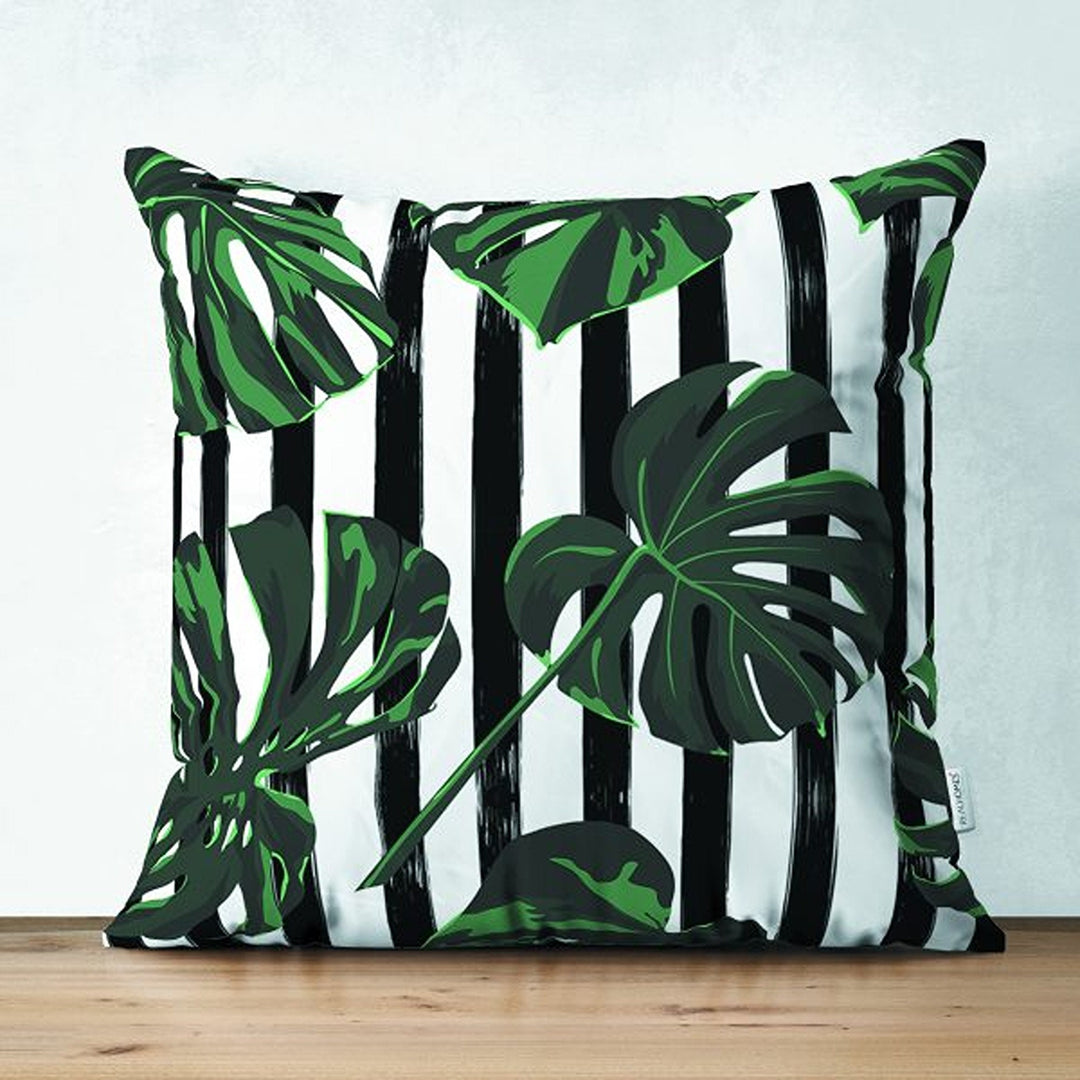 Tropical Plants Pillow Cover|Striped Green Leaves Cushion Case|Floral Cushion Cover|Decorative Pillowtop|Green and Black Summer Trend Decor