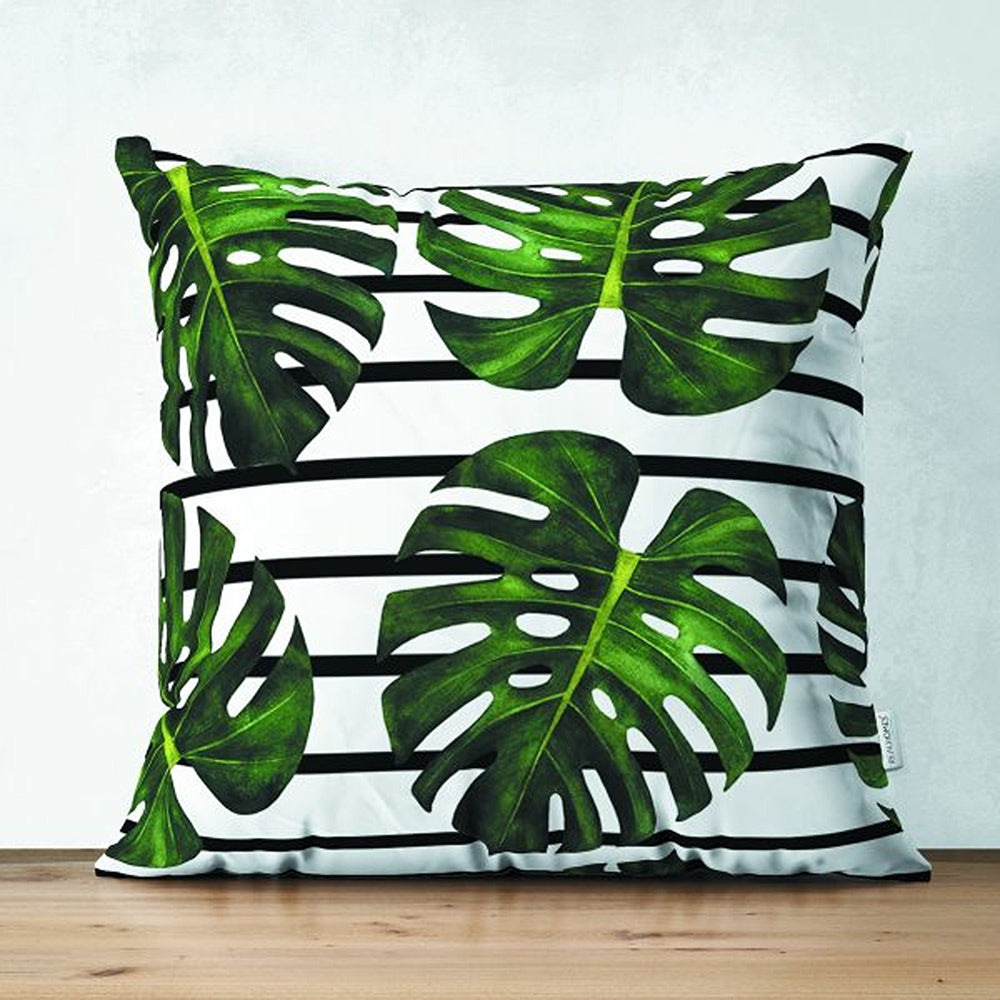 Tropical Plants Pillow Cover|Striped Green Leaves Cushion Case|Floral Cushion Cover|Decorative Pillowtop|Green and Black Summer Trend Decor