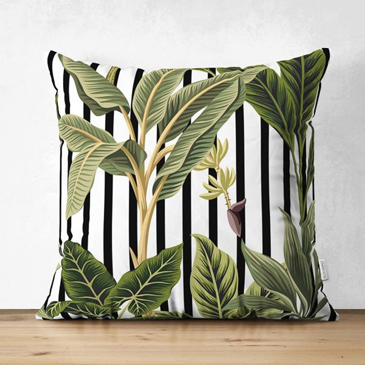 Tropical Plants Pillow Cover|Striped Green Leaves Cushion Case|Floral Cushion Cover|Decorative Pillowtop|Green and Black Summer Trend Decor