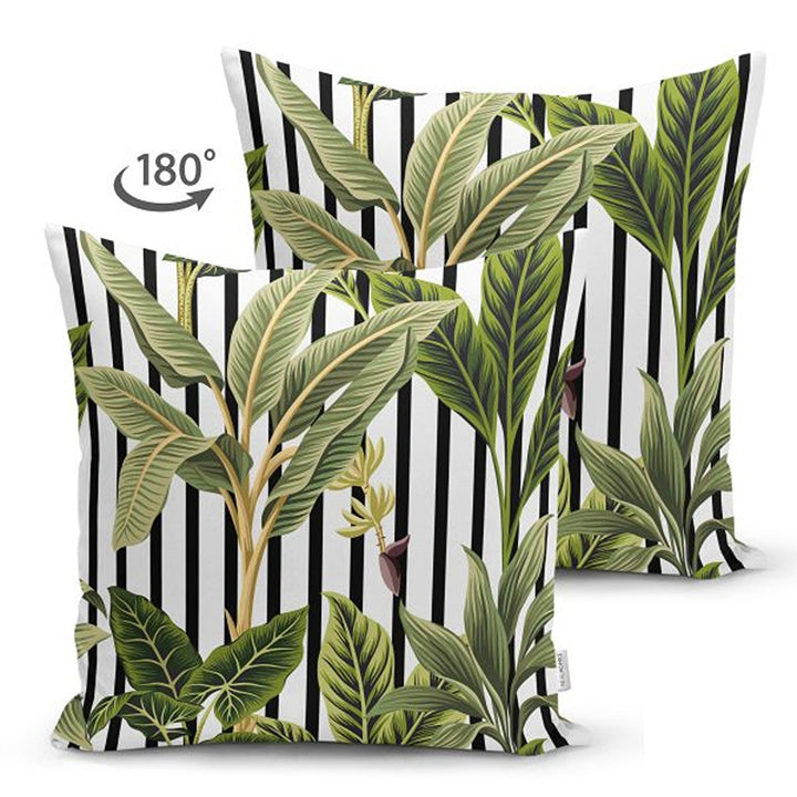 Tropical Plants Pillow Cover|Striped Green Leaves Cushion Case|Floral Cushion Cover|Decorative Pillowtop|Green and Black Summer Trend Decor