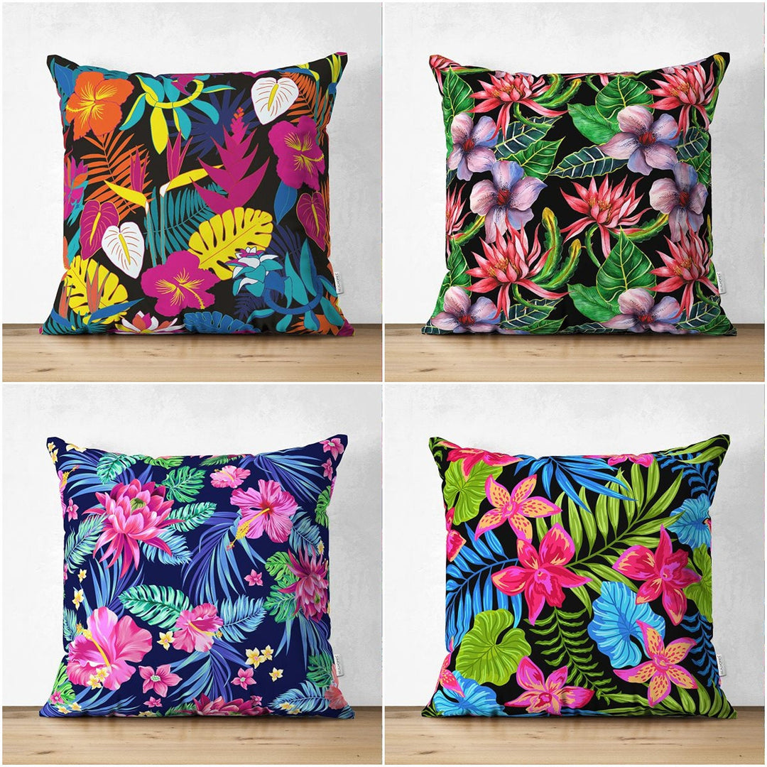 Tropical Plants Pillow Cover|Colorful Leaves Cushion Case|Floral Cushion Cover|Decorative Pillowtop|Vibrant Color Flowers Summer Trend Decor