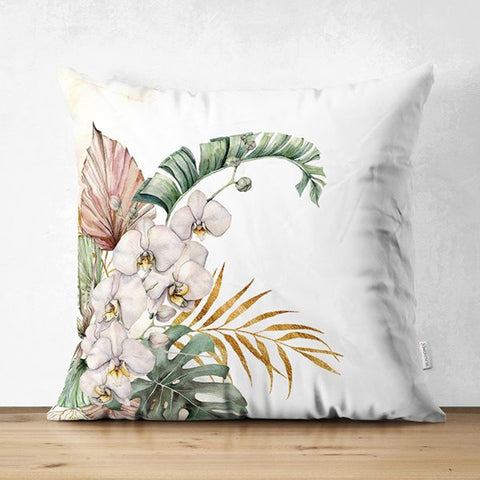 Tropical Plants Pillow Cover|Green Leaves with Pink Flowers Cushion Case|Floral Cushion Cover|Decorative Boho Pillowtop|Tropical Home Decor
