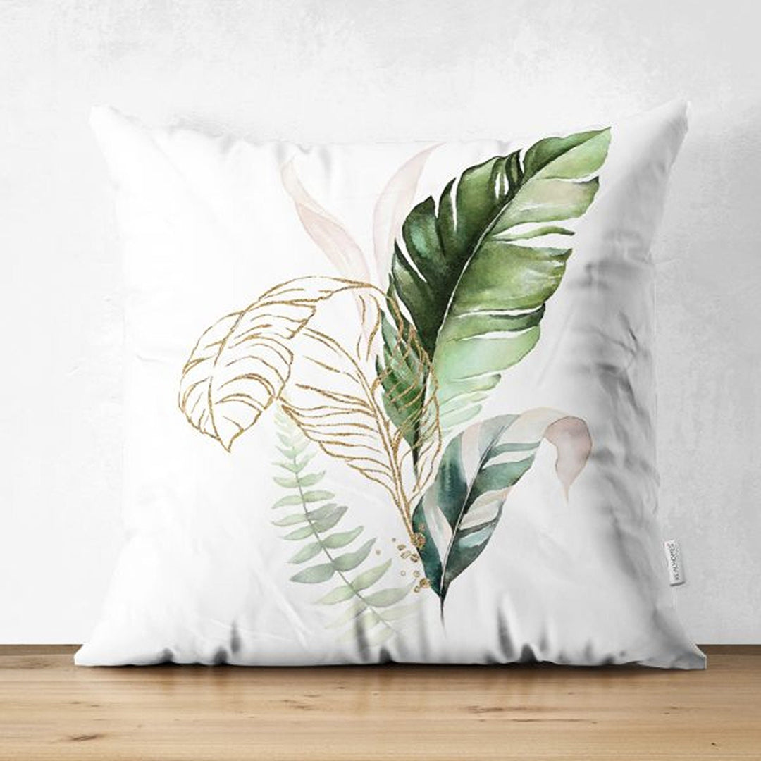 Tropical Plants Pillow Cover|Green Leaves with Pink Flowers Cushion Case|Floral Cushion Cover|Decorative Boho Pillowtop|Tropical Home Decor