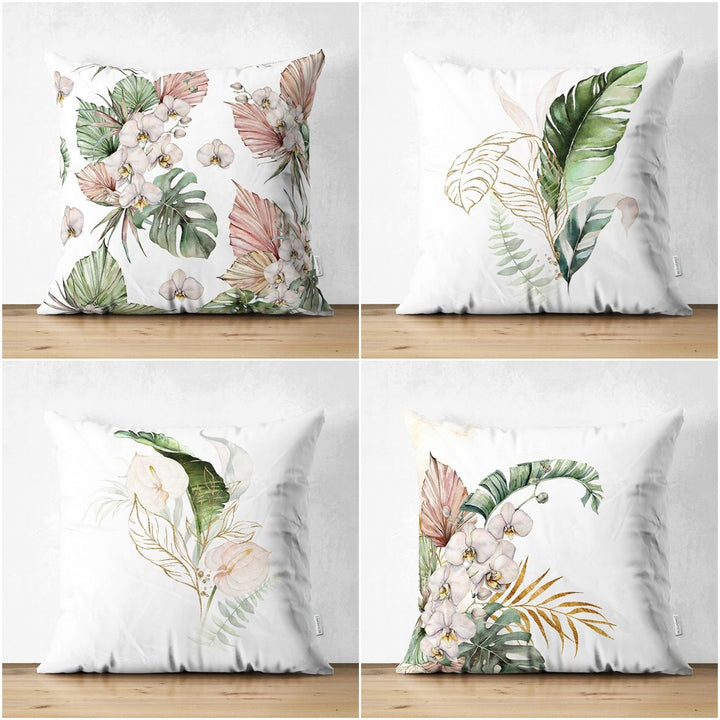 Tropical Plants Pillow Cover|Green Leaves with Pink Flowers Cushion Case|Floral Cushion Cover|Decorative Boho Pillowtop|Tropical Home Decor