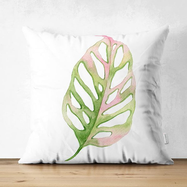 Tropical Plants Pillow Cover|Green Pink Leaves Cushion Case|Floral Cushion Cover|Decorative Pillowtop|Green and Pink Summer Trend Home Decor