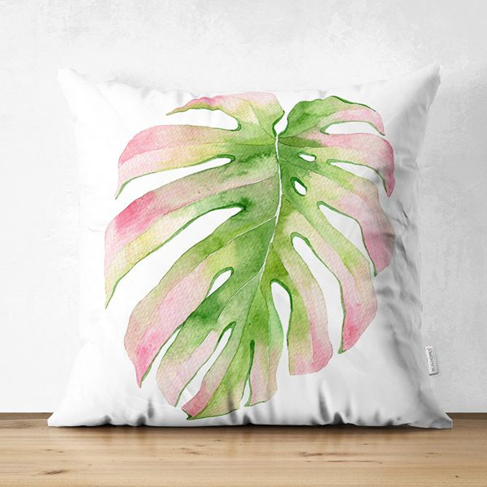 Tropical Plants Pillow Cover|Green Pink Leaves Cushion Case|Floral Cushion Cover|Decorative Pillowtop|Green and Pink Summer Trend Home Decor