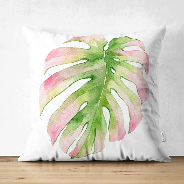 Tropical Plants Pillow Cover|Green Pink Leaves Cushion Case|Floral Cushion Cover|Decorative Pillowtop|Green and Pink Summer Trend Home Decor