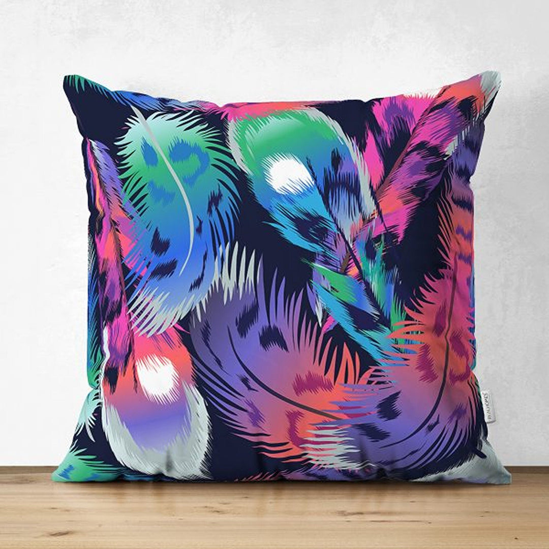 Feather Pillow Cover|Colorful Feather Print Cushion Case|Cozy Home Decor|Decorative Vibrant Colors Pillowtop|Housewarming Outdoor Pillow