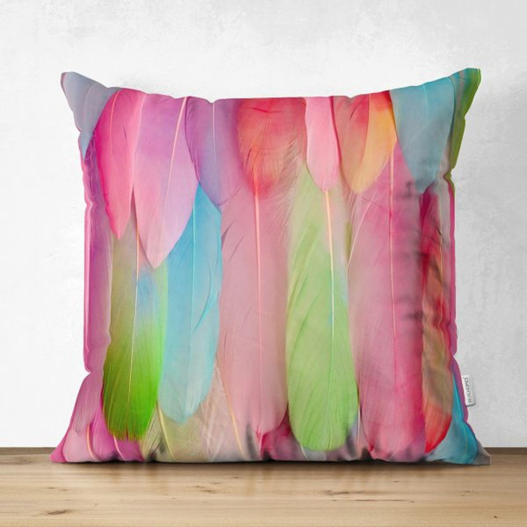 Feather Pillow Cover|Pink Purple Feather Print Cushion Case|Cozy Home Decor|Decorative Vibrant Colors Pillowtop|Housewarming Outdoor Pillow