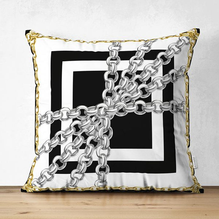 Chain Pillow Cover|Decorative Cushion Case|Boho Black Gold Pillowtop|Cozy Home Decor|Housewarming Geometric Chain Print Throw Pillowcase