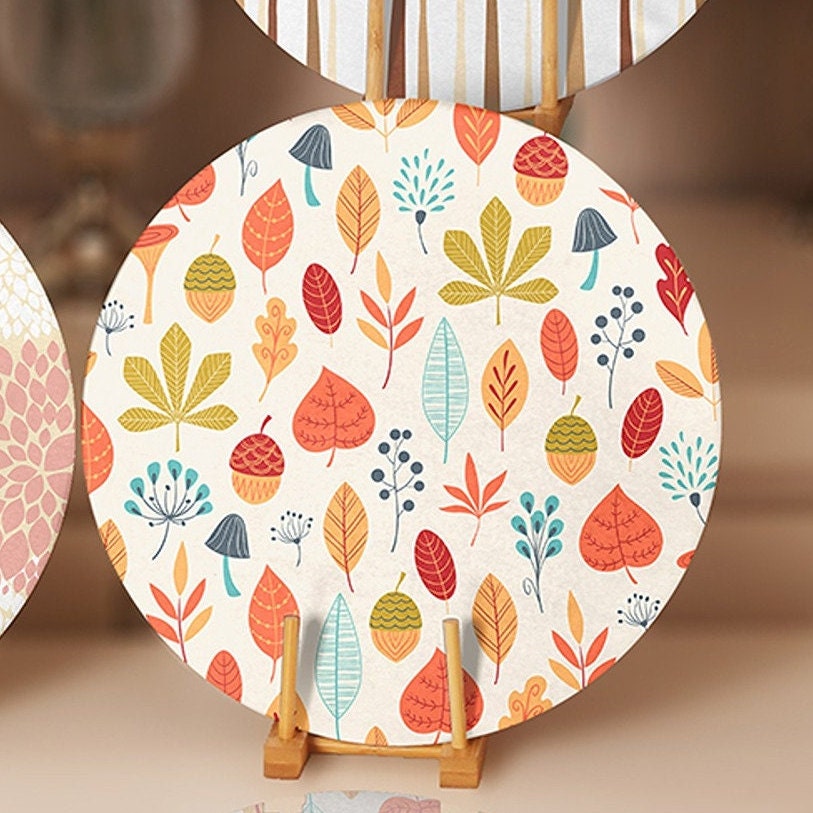 Fall Trend Placemat|Set of 4 Autumn Supla Table Mat|Farmhouse Orange Leaves Round Dining Underplate|Dry Leaf Print Housewarming Coaster Set