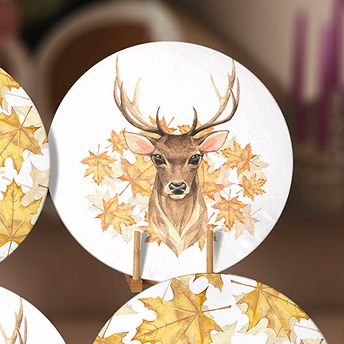 Fall Trend Placemat Set|Farmhouse Autumn Leaves Round Dining Underplate|Leaf and Deer Housewarming Coaster|Set of 6 Autumn Supla Table Mat