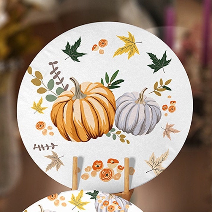 Fall Trend Placemat|Set of 4 Autumn Supla Table Mat|Farmhouse Orange Gray Pumpkin Round Dining Underplate|Housewarming Pumpkin Coaster Set