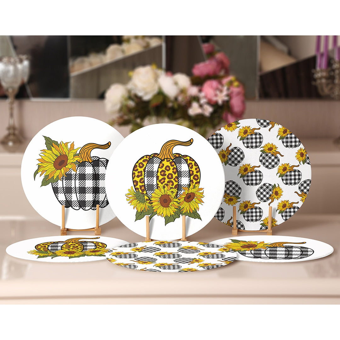 Fall Trend Placemat|Set of 6 Autumn Supla Table Mat|Farmhouse Checkered Pumpkin Round Dining Underplate|Housewarming Sunflower Coaster Set