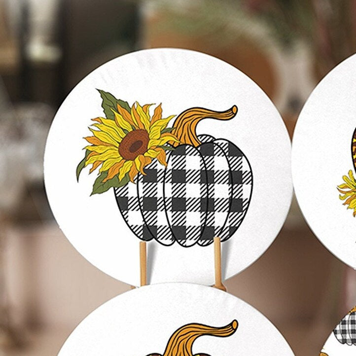 Fall Trend Placemat|Set of 6 Autumn Supla Table Mat|Farmhouse Checkered Pumpkin Round Dining Underplate|Housewarming Sunflower Coaster Set