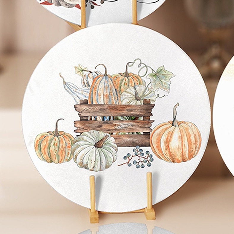 Fall Trend Placemat|Set of 4 Autumn Supla Table Mat|Farmhouse Orange Gray Pumpkin Round Dining Underplate|Housewarming Pumpkin Coaster Set