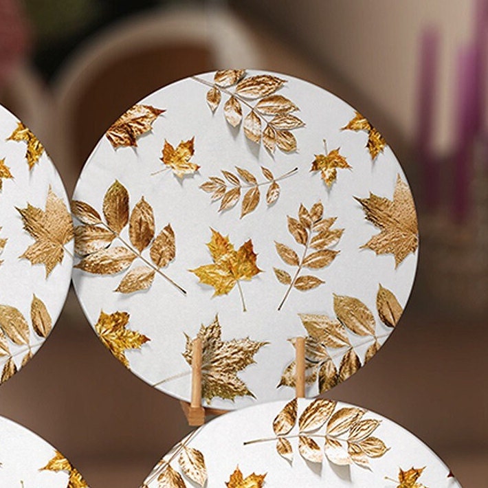 Gold Leaves Placemat|Set of 6 Autumn Supla Table Mat|Fall Trend Farmhouse Dry Leaves Round Dining Underplate|Housewarming Circle Coaster Set