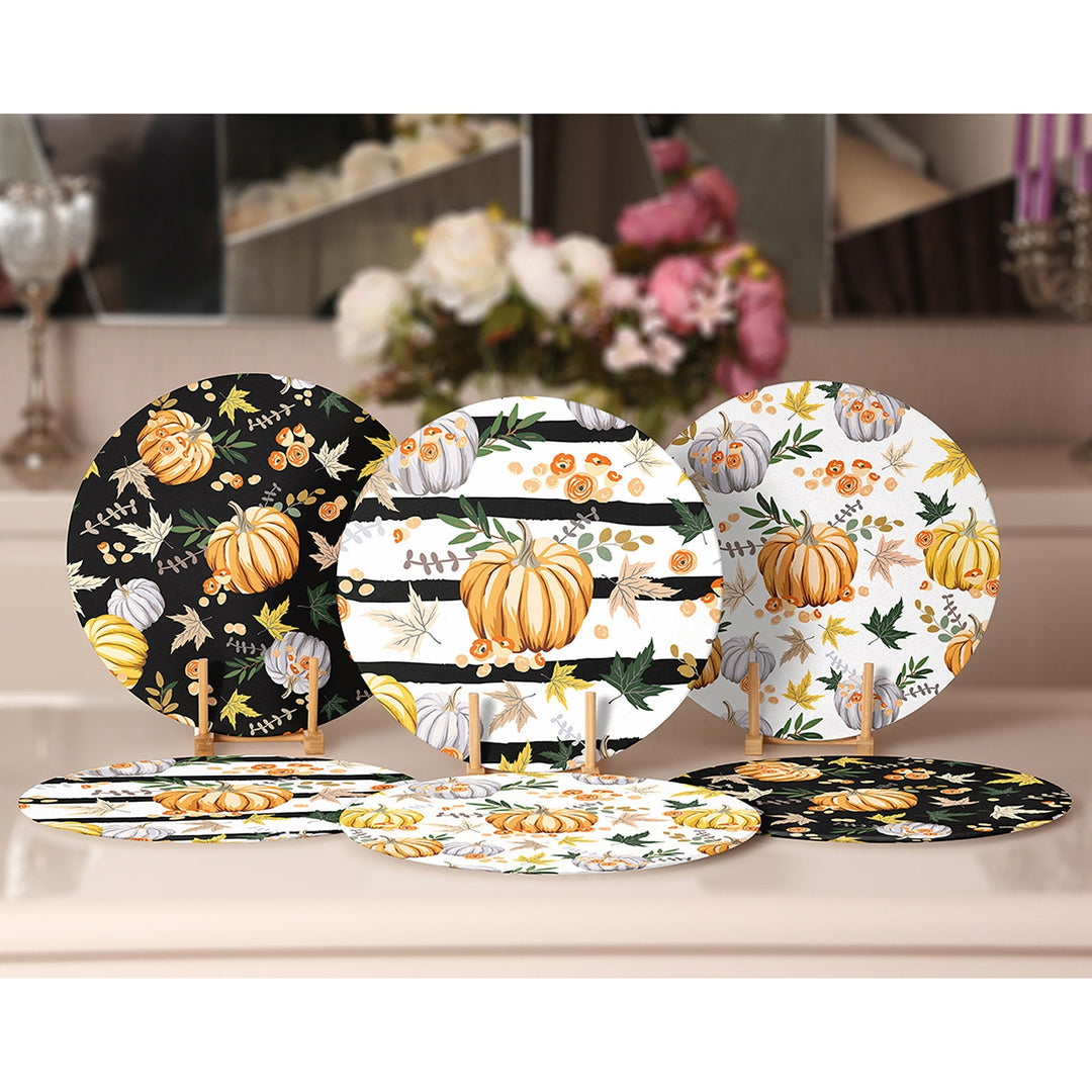 Fall Trend Placemat|Set of 6 Autumn Supla Table Mat|Striped Orange Gray Pumpkin Round Dining Underplate|Housewarming Pumpkin Coaster Set