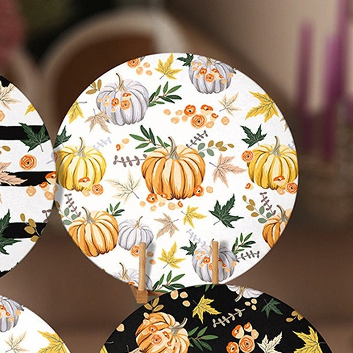 Fall Trend Placemat|Set of 6 Autumn Supla Table Mat|Striped Orange Gray Pumpkin Round Dining Underplate|Housewarming Pumpkin Coaster Set