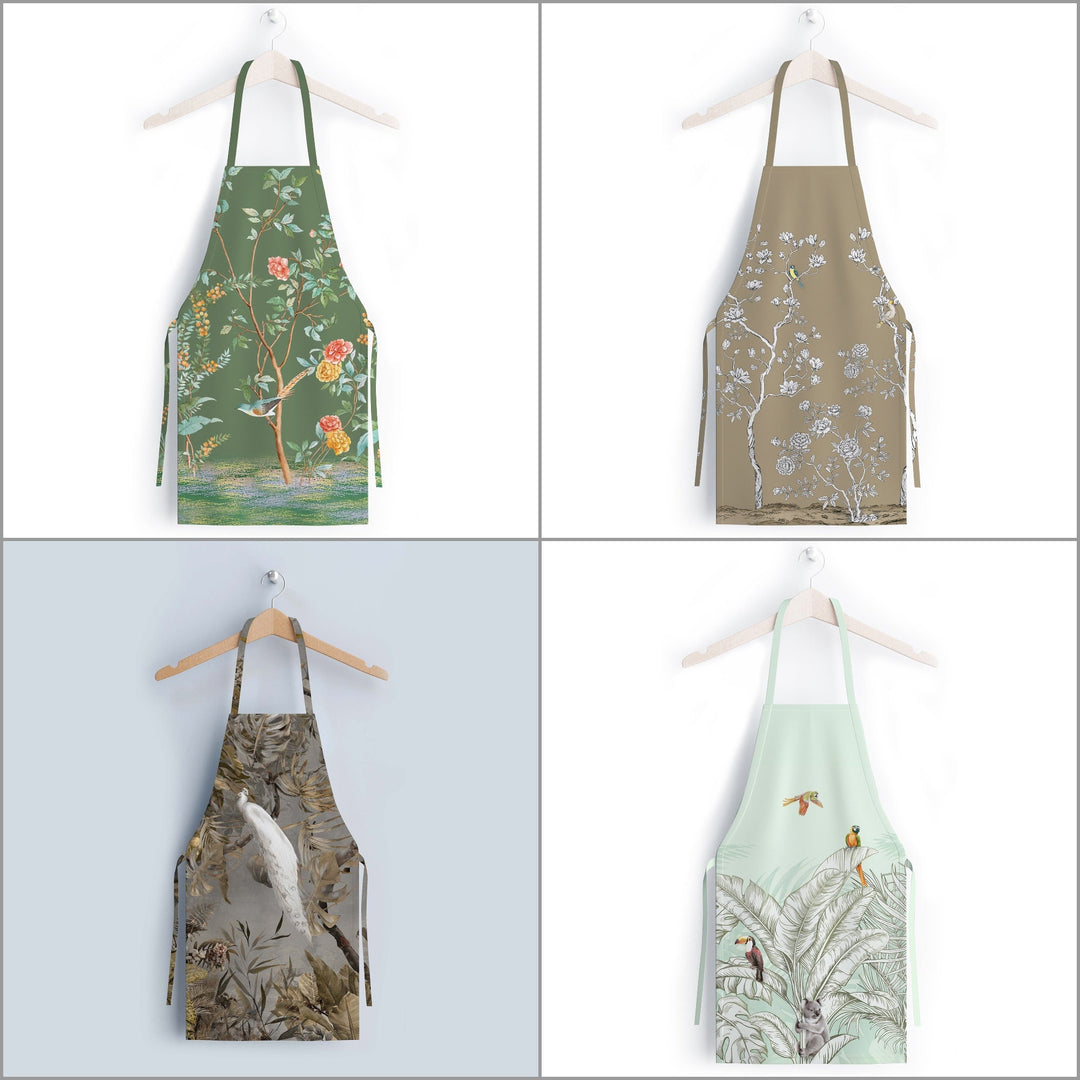 Floral Bird Kitchen Apron|Flower Print Smock with Adjustable Neck and Waist Strap|Peacock and Parrot Kitchen Pinafore Gift For Him or Her